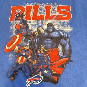Buffalo Bills Marvel Avengers Graphic T-Shirt Gildan Heavy Cotton Royal Blue XL